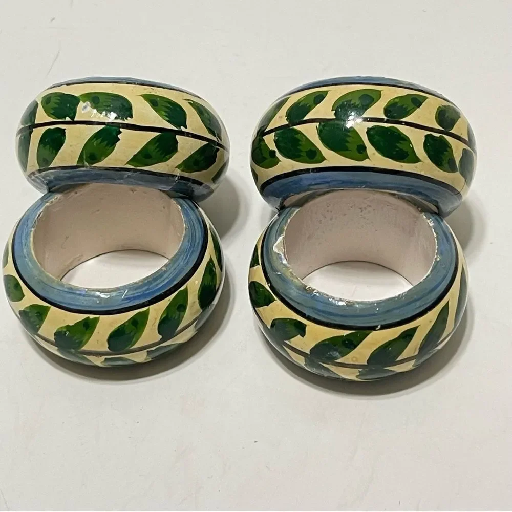 Hand Painted Green Leaf Vine Napkin Rings Multicolor Shabby Chic Cottage 4 Set